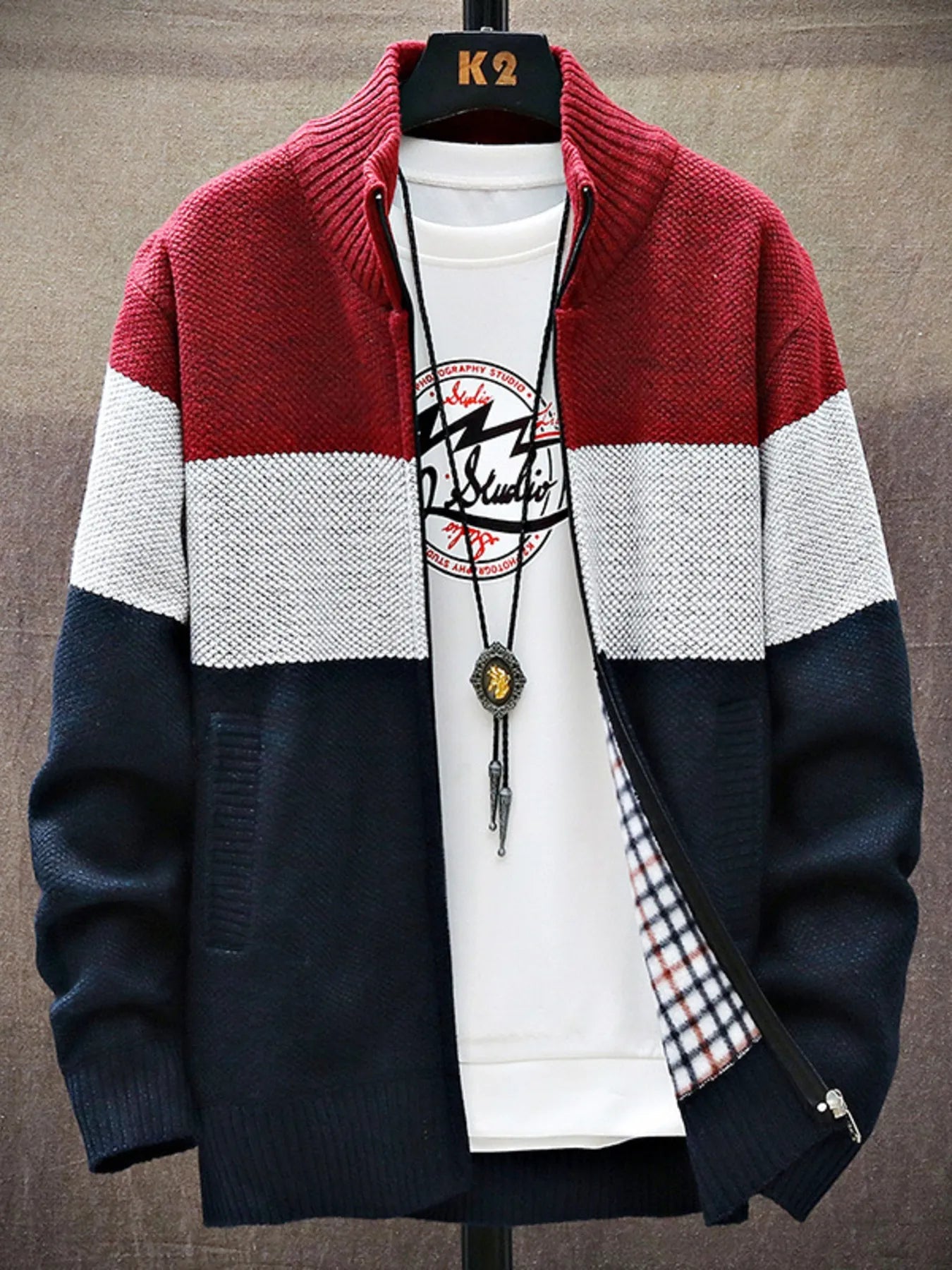Men's Plus Size Color Block Zip Up Cardigan - Luxé Lane