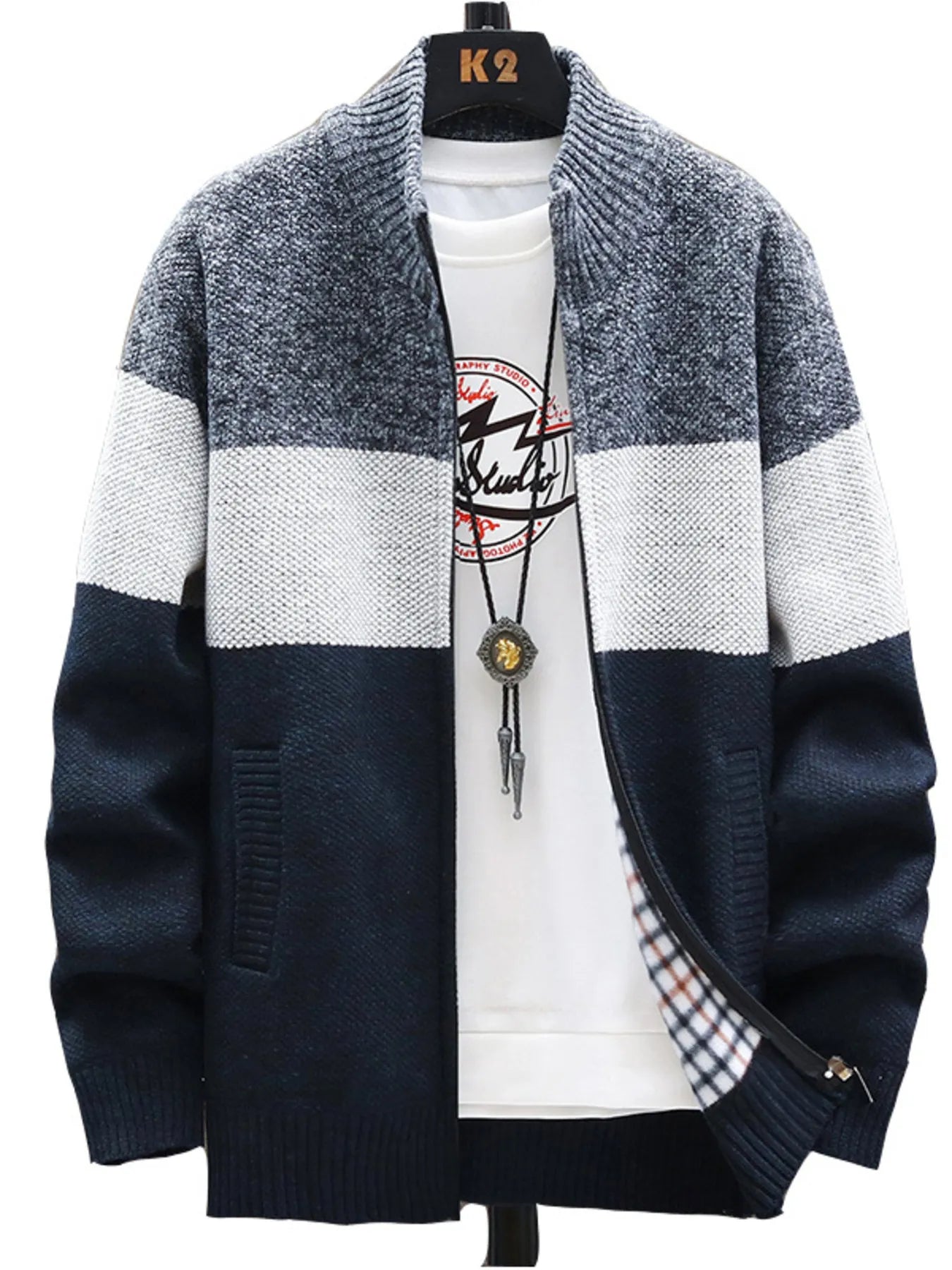 Men's Plus Size Color Block Zip Up Cardigan - Luxé Lane