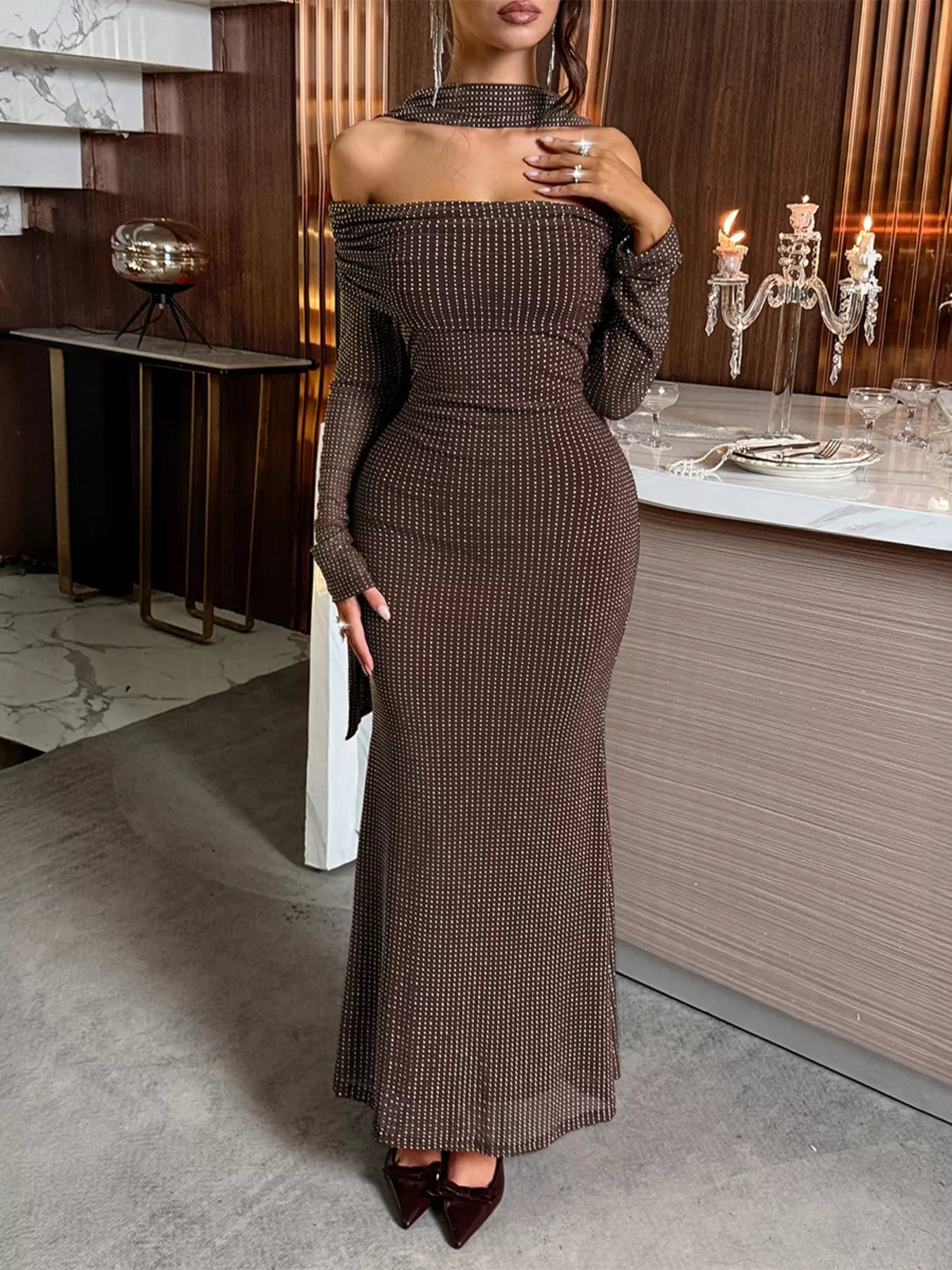 Off - Shoulder Scarf Bodycon Maxi Dress - Luxé Lane