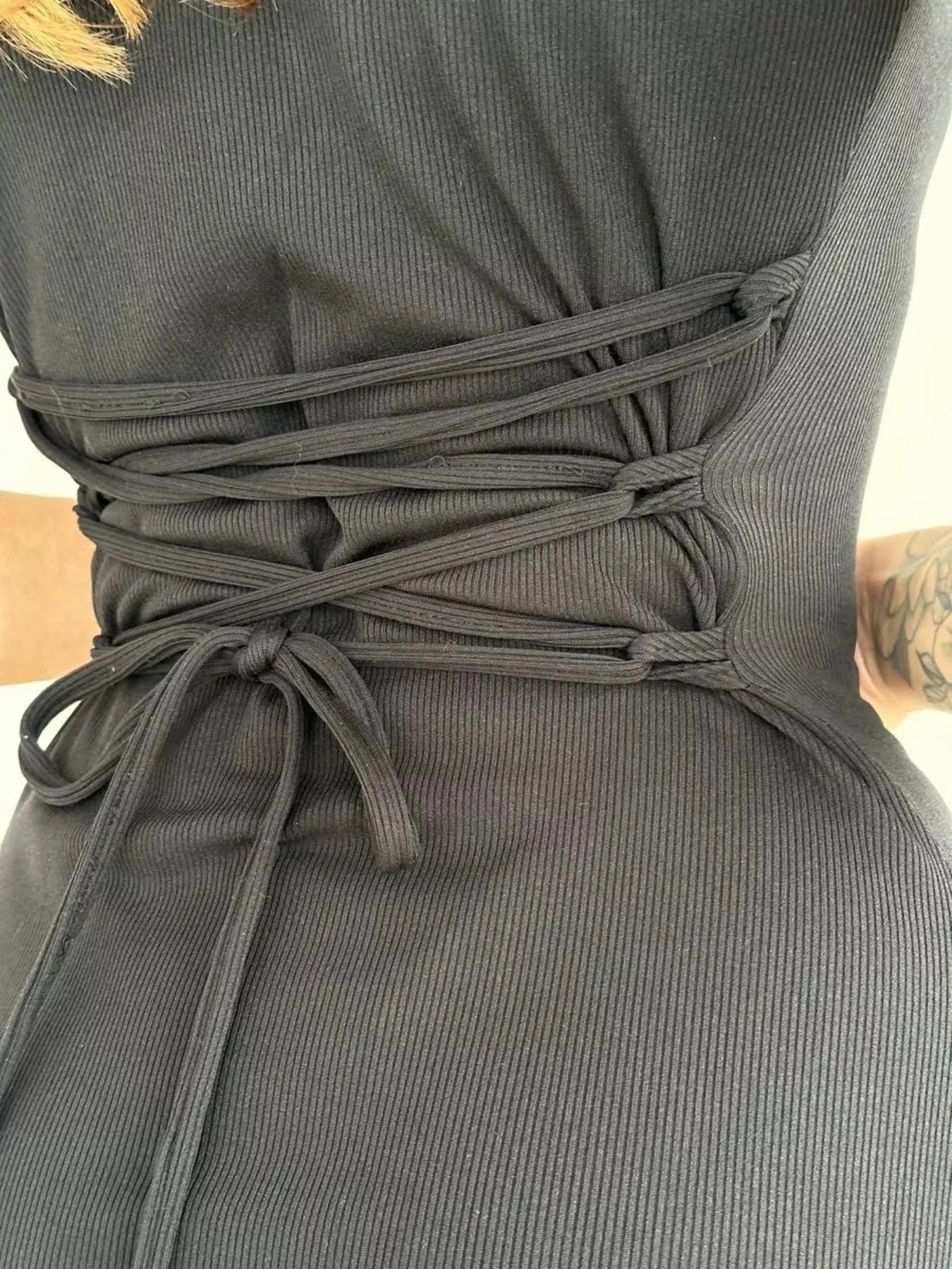 Ribbed Back Lace Up Short Sleeve Mini Dress - Luxe Lane Apparel