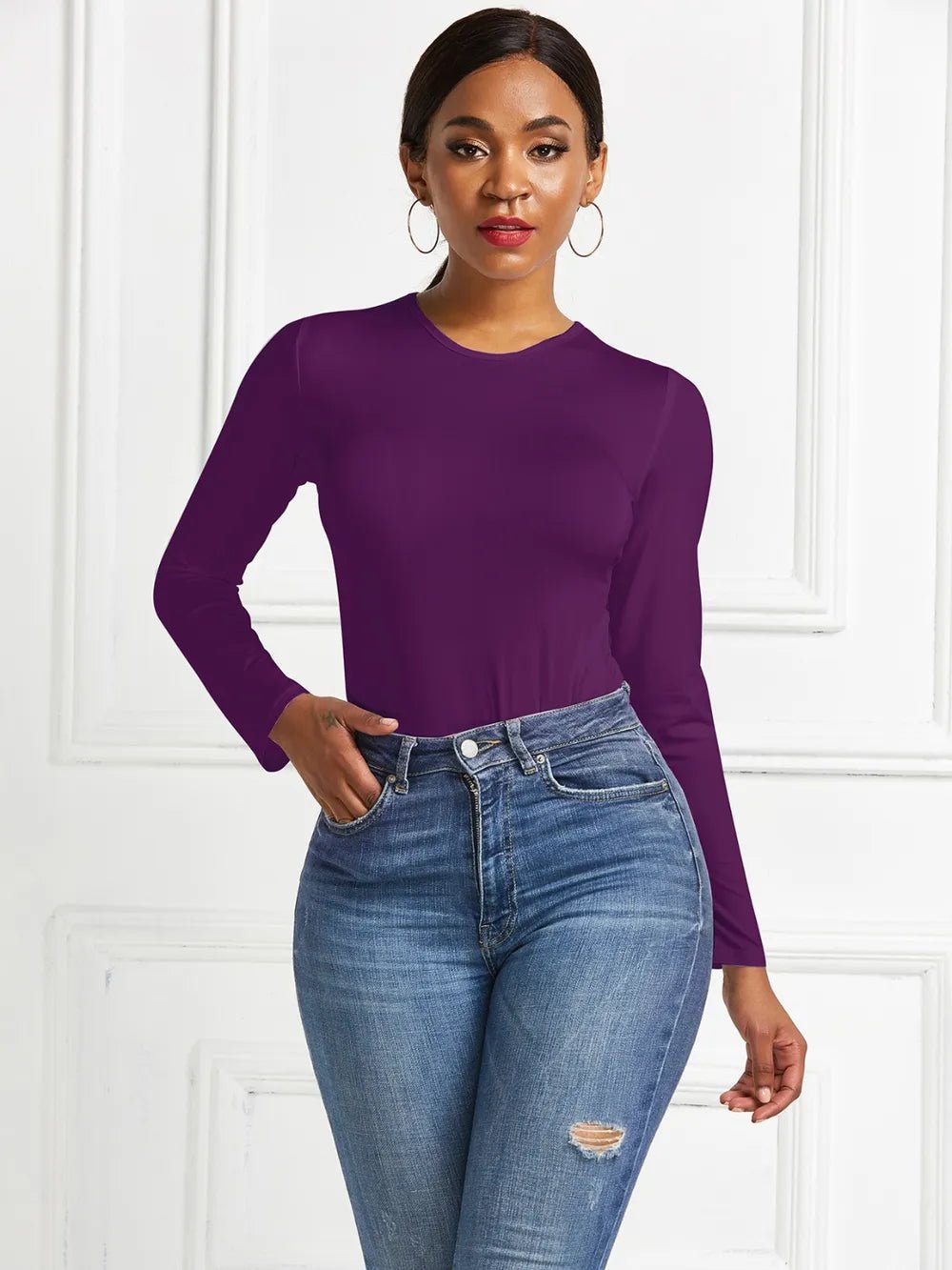 Round Neck Long Sleeve Bodysuit - Luxe Lane Apparel