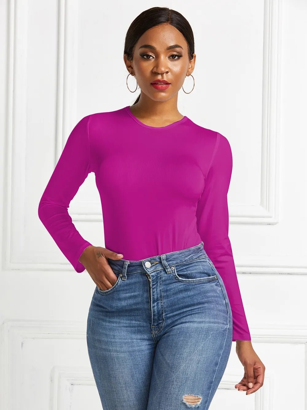 Round Neck Long Sleeve Bodysuit - Luxe Lane Apparel