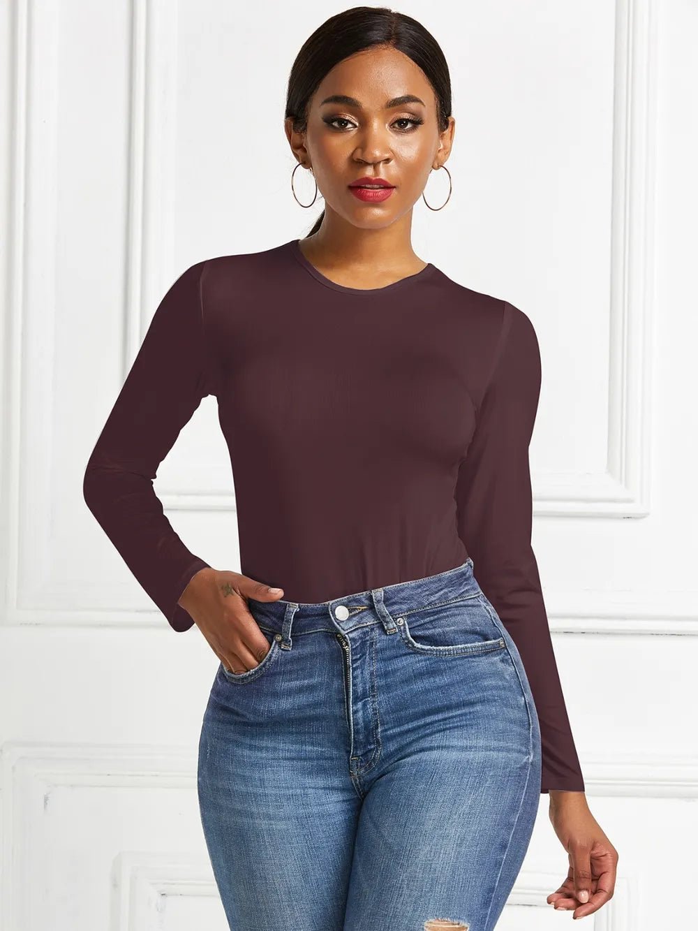 Round Neck Long Sleeve Bodysuit - Luxe Lane Apparel