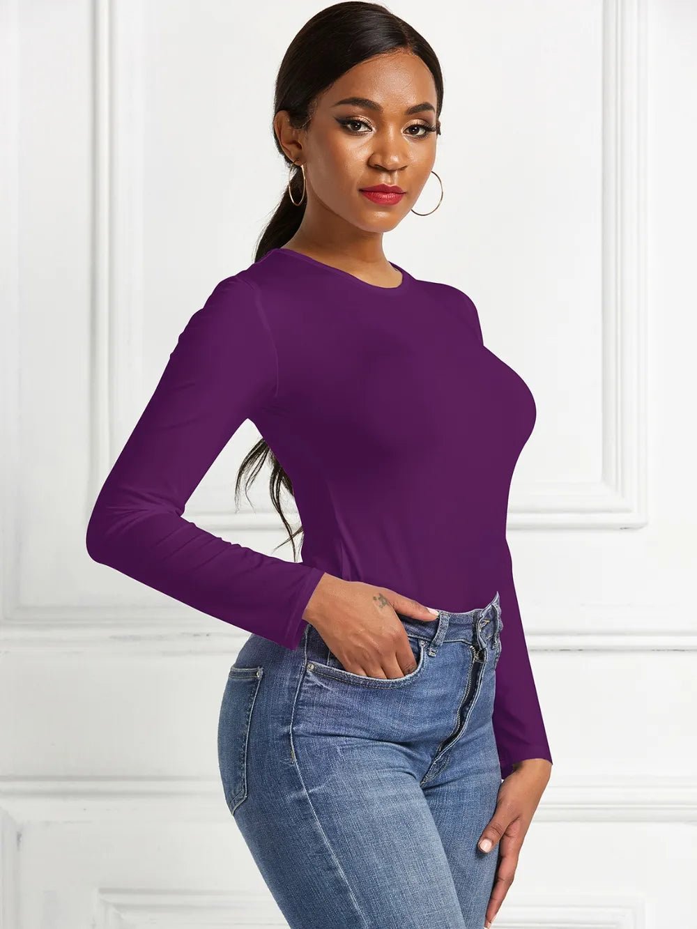 Round Neck Long Sleeve Bodysuit - Luxe Lane Apparel